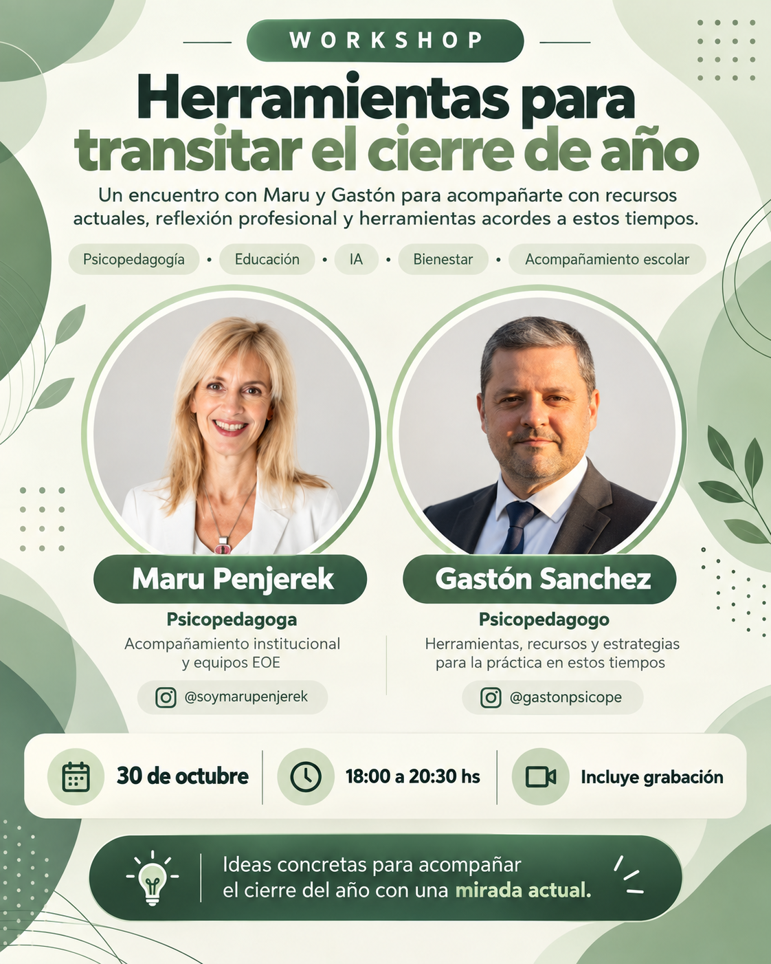 Afiche del workshop Herramientas para transitar el cierre de año, con Maru Penjerek y Gastón Sánchez, el 30 de octubre
